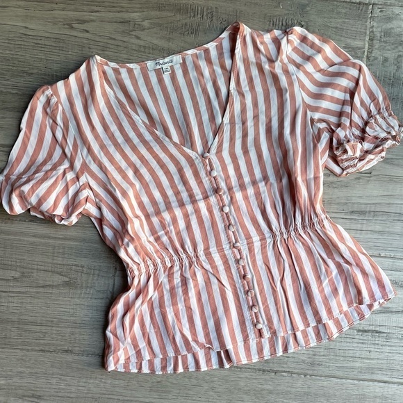 Madewell Women’s V-Neck Top Peplum Popover In Stripe In Dried Coral Color SZ XXS - Picture 9 of 10